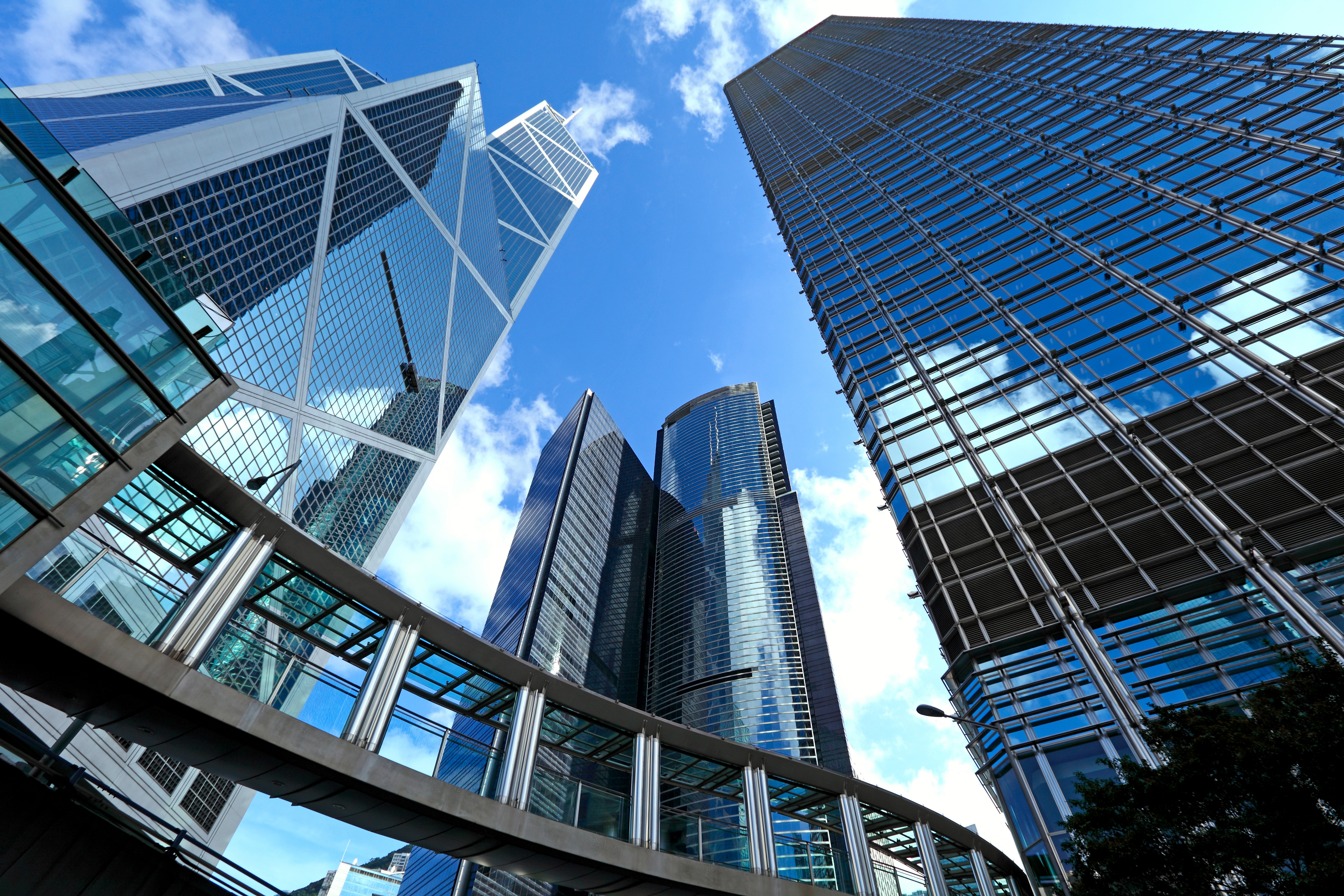 Upward view of glass buildings 