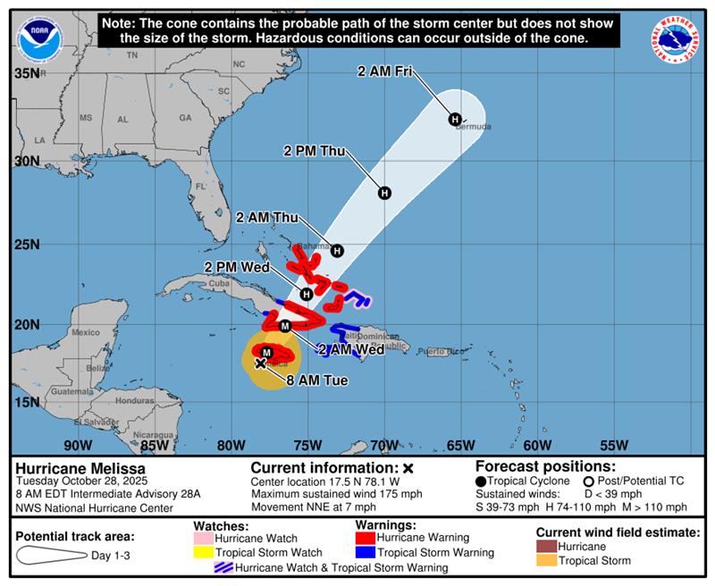 Source: National Hurricane Center, Forecast cone for Advisory 28A, 8AM EDT October 28, 2025