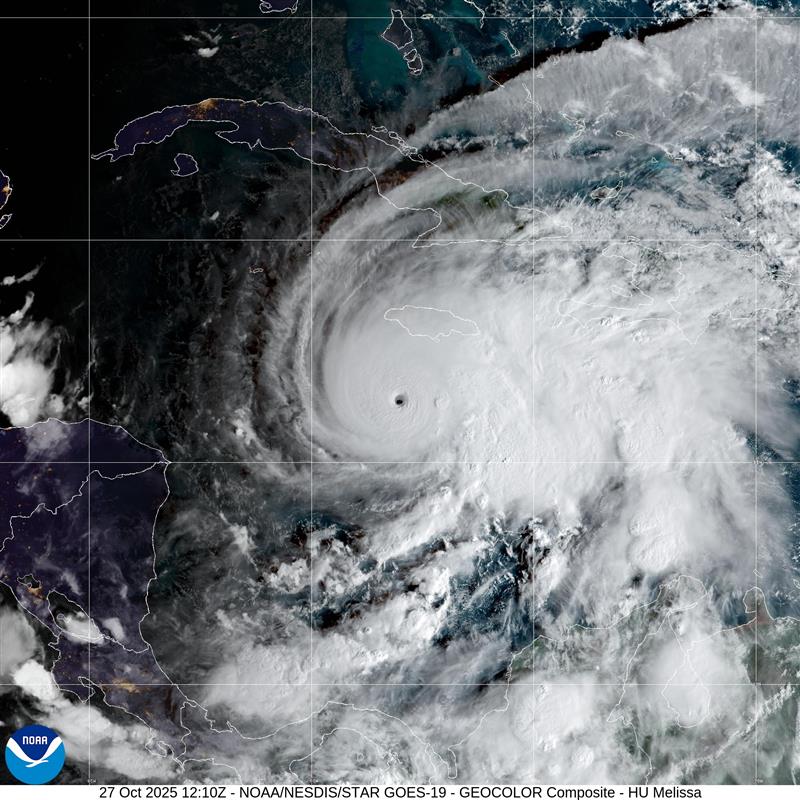 Source: GOES 19 geocolor satellite image of Hurricane Melissa, captured 10/27/2025 at 8:10 am EDT