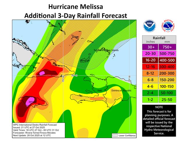 Source: NOAA National Weather Service, 3 day rainfall forecast for Melissa.